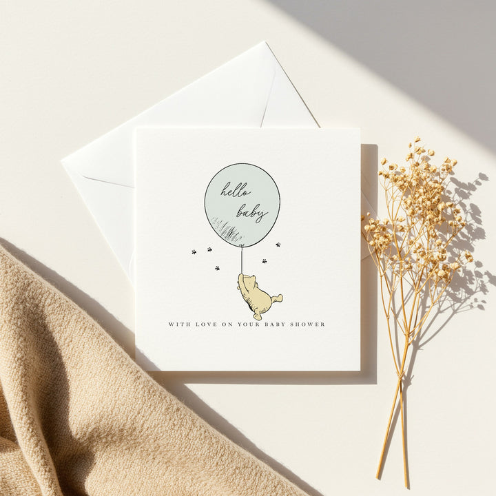 Pooh Bear Green Balloon Baby Shower Card