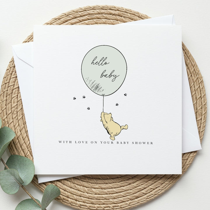 Pooh Bear Green Balloon Baby Shower Card