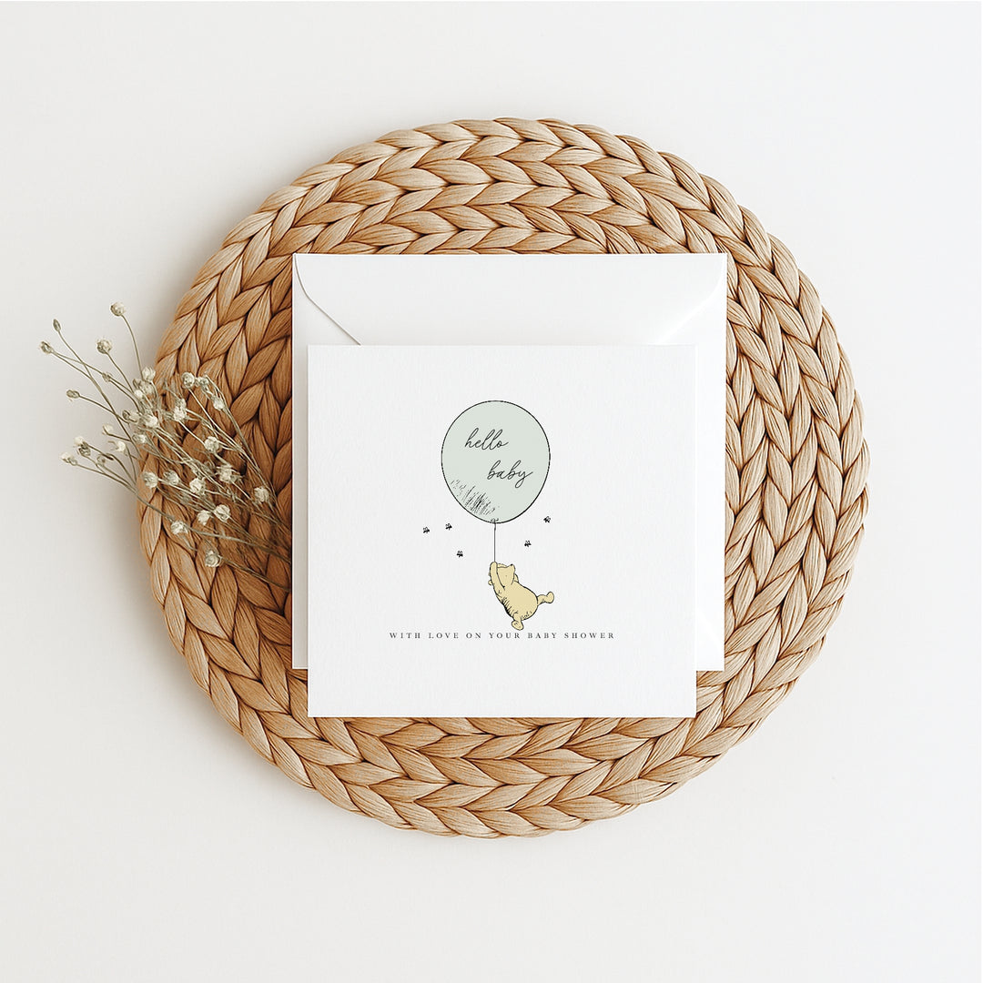 Pooh Bear Green Balloon Baby Shower Card
