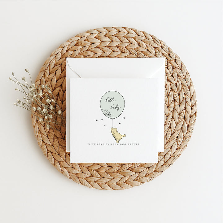 Pooh Bear Green Balloon Baby Shower Card