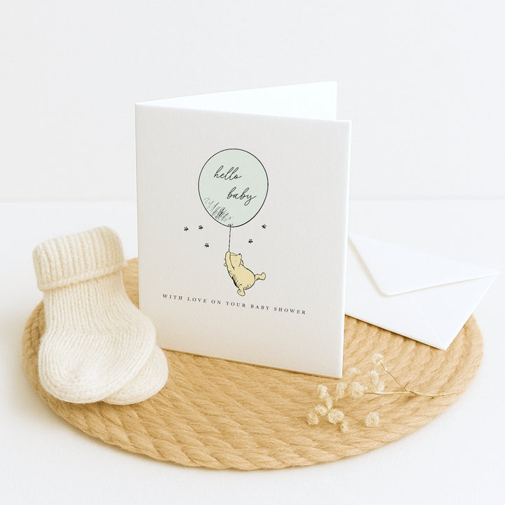 Pooh Bear Green Balloon Baby Shower Card