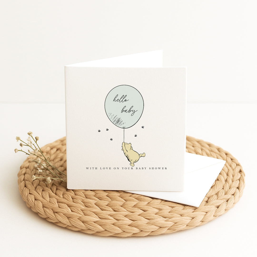 Pooh Bear Green Balloon Baby Shower Card