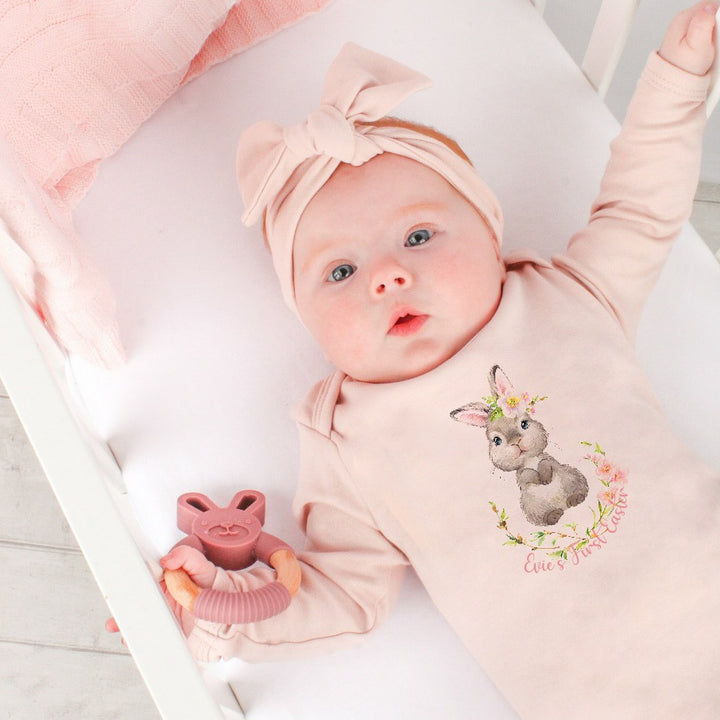 Bunny Floral Wreath Pink Babygrow