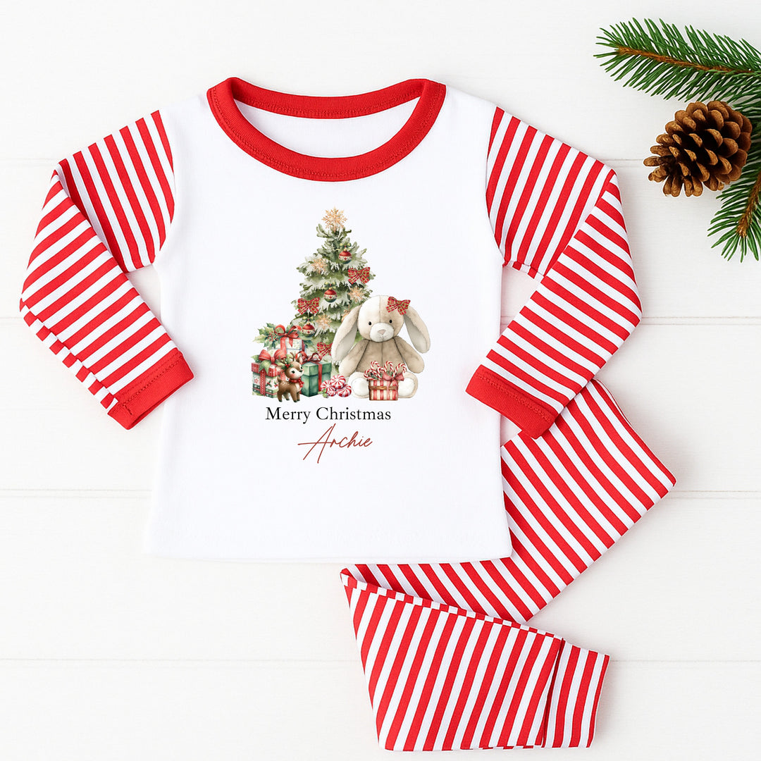 Personalised Red Rabbit Sibling Matching Christmas Pyjamas or Baby Grow