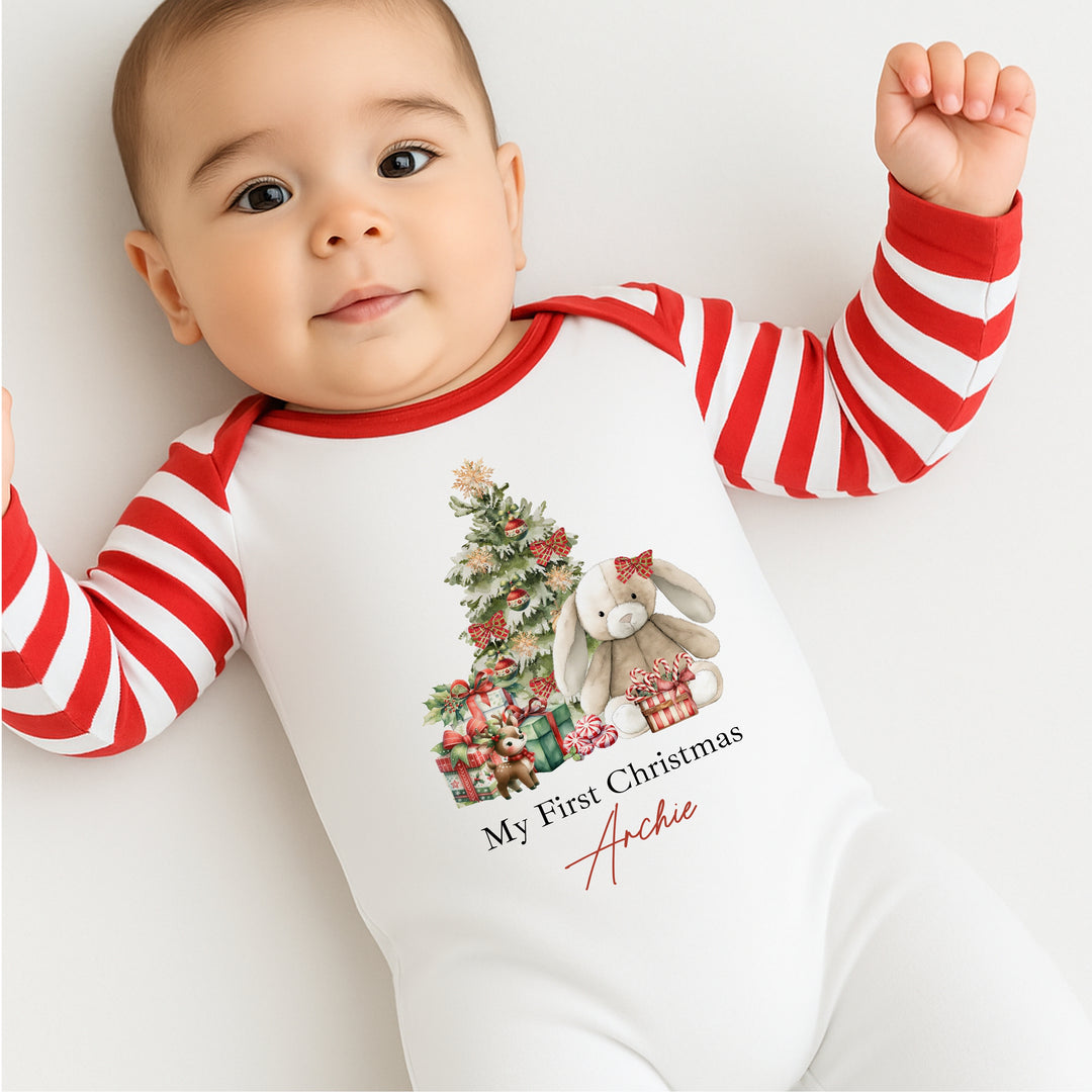 Personalised Red Rabbit Sibling Matching Red Stripe Christmas Babygrow/Pyjamas