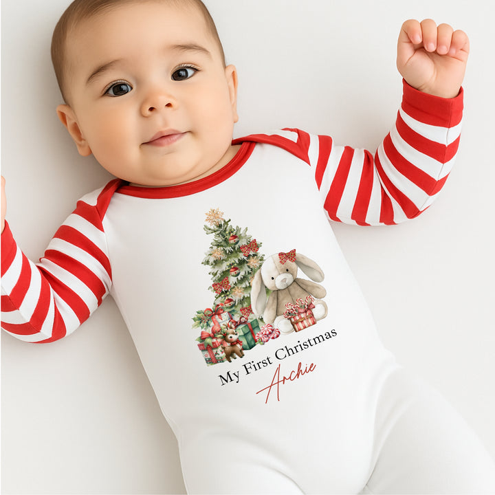 Personalised Red Rabbit Sibling Matching Red Stripe Christmas Babygrow/Pyjamas