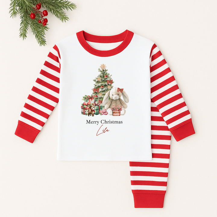 Personalised Red Rabbit Sibling Matching Red Stripe Christmas Babygrow/Pyjamas