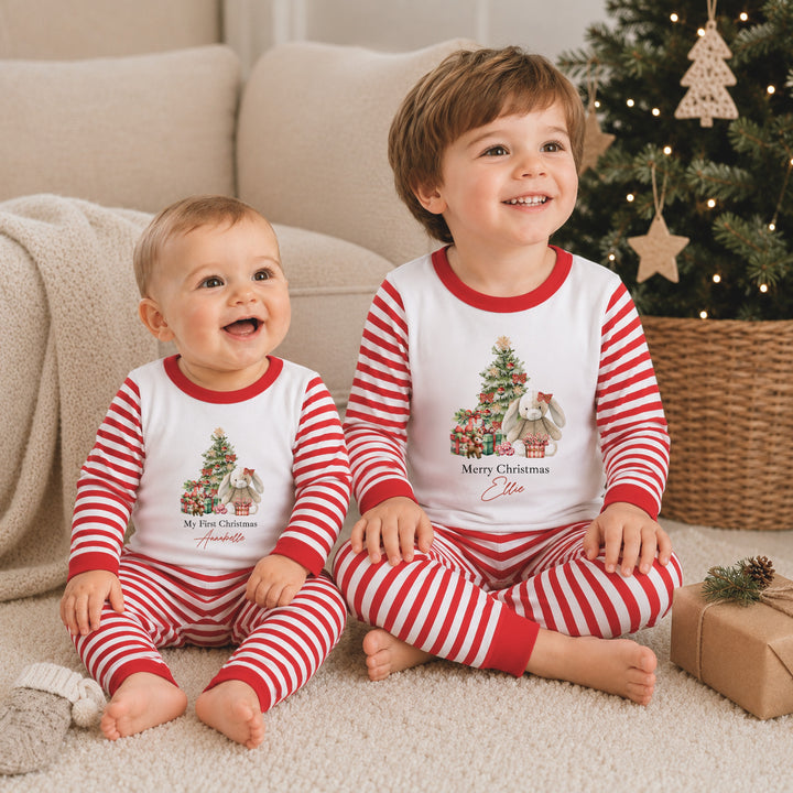 Personalised Red Rabbit Sibling Matching Christmas Pyjamas or Baby Grow