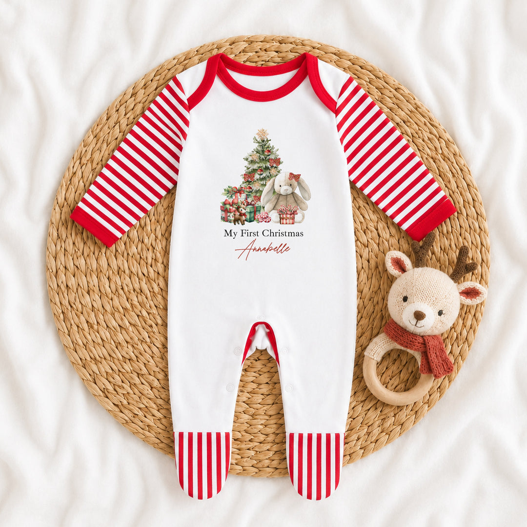 Personalised Red Rabbit Sibling Matching Christmas Pyjamas or Baby Grow