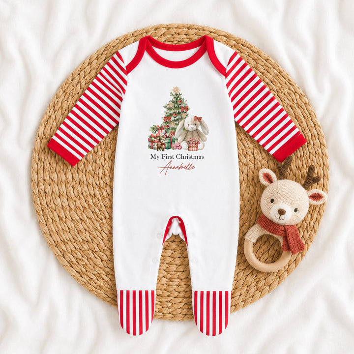 Personalised Red Rabbit Sibling Matching Christmas Pyjamas or Baby Grow