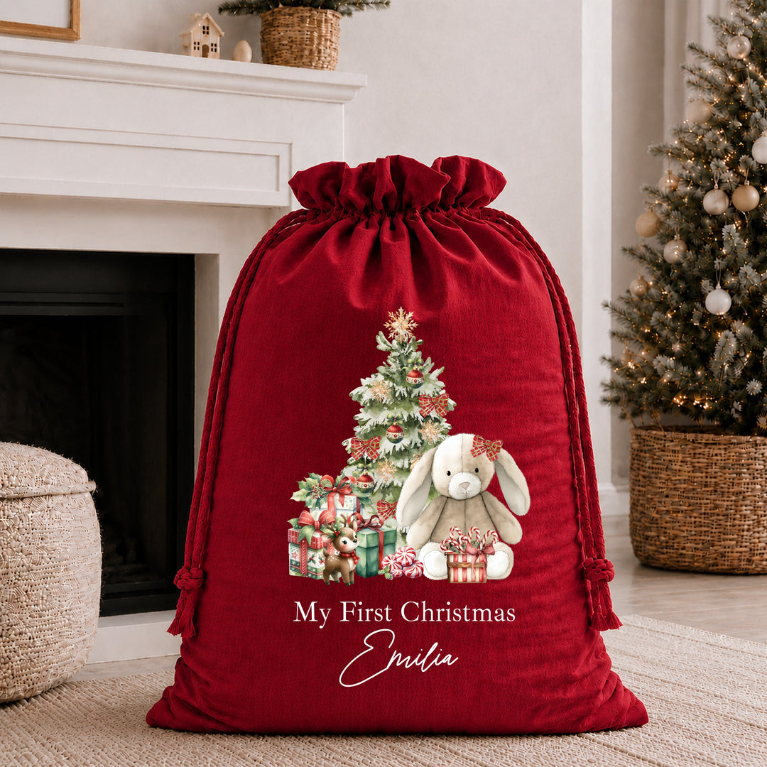 Personalised Red Bunny My First Christmas Stocking or Santa Sack