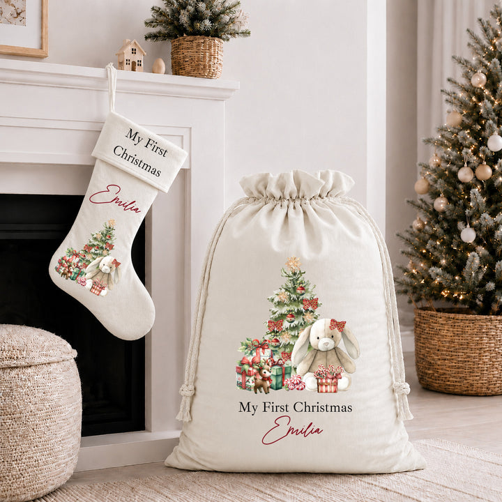 Personalised Red Bunny My First Christmas Stocking or Santa Sack