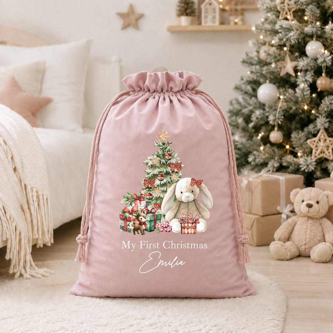 Personalised Red Bunny My First Christmas Stocking or Santa Sack