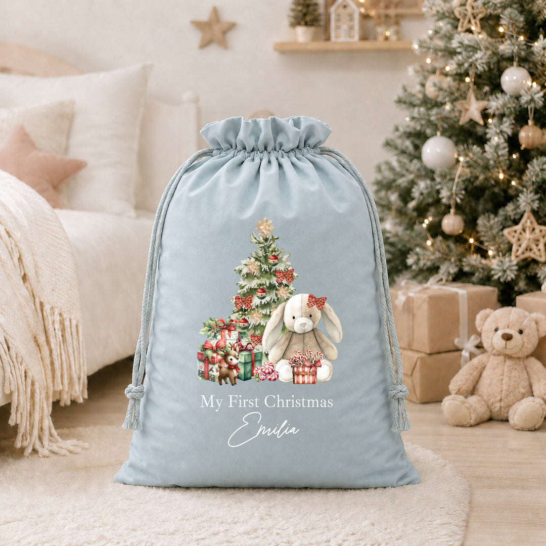 Personalised Red Bunny My First Christmas Stocking or Santa Sack