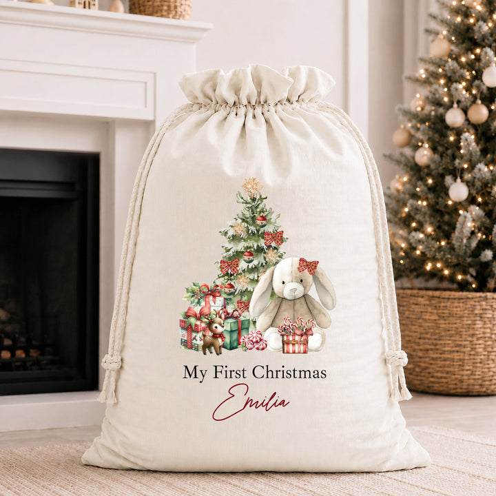 Personalised Red Bunny My First Christmas Stocking or Santa Sack