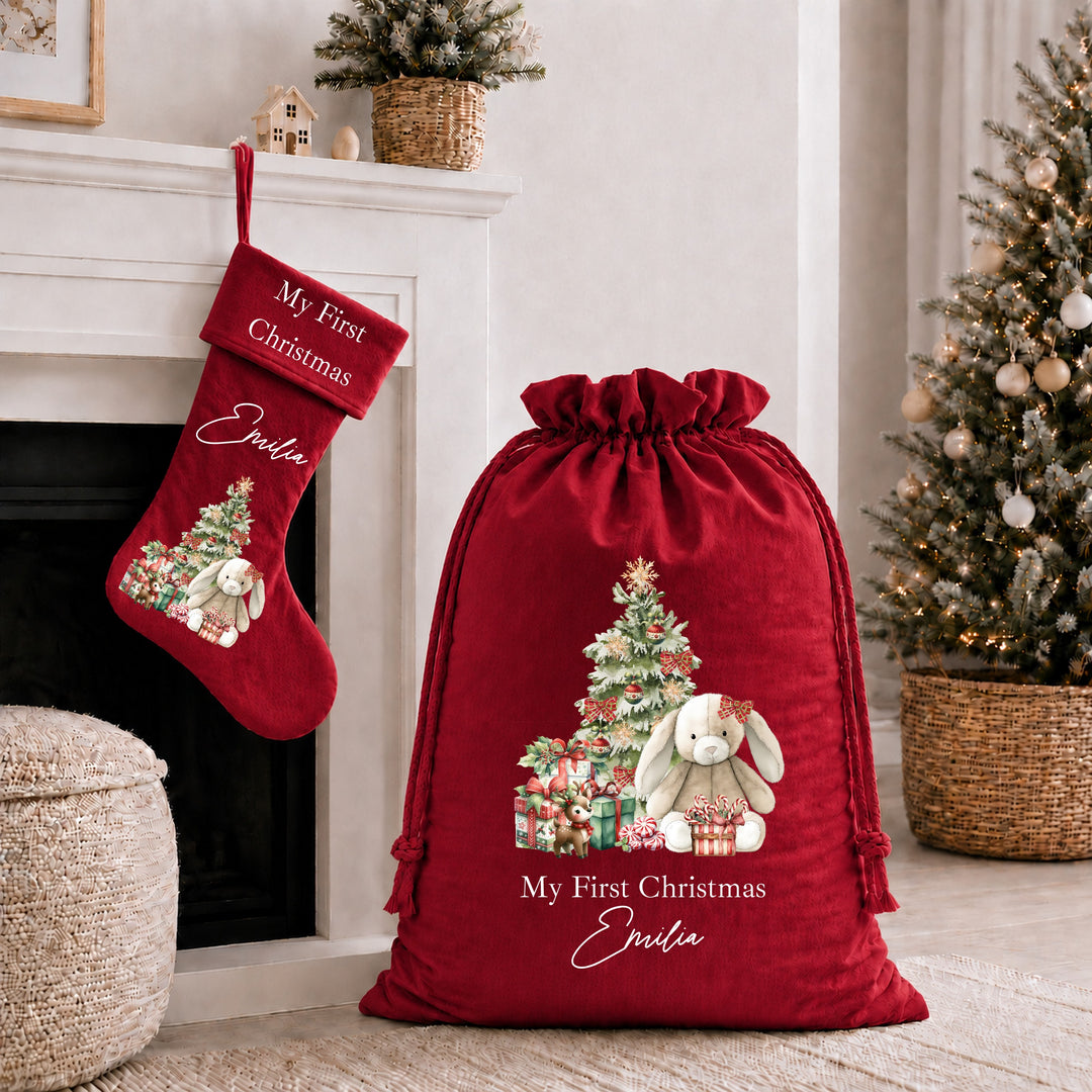 Personalised Red Bunny My First Christmas Stocking or Santa Sack