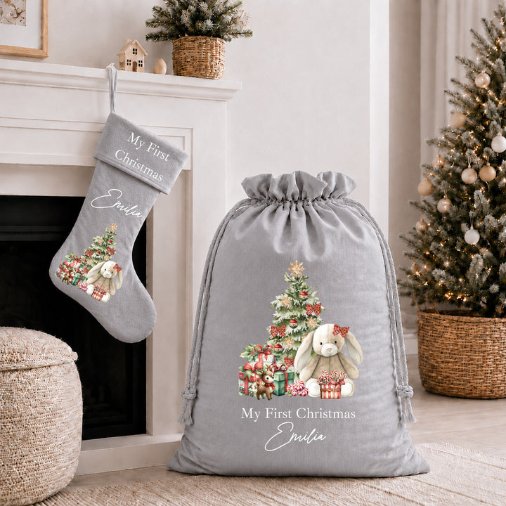 Personalised Red Bunny My First Christmas Stocking or Santa Sack