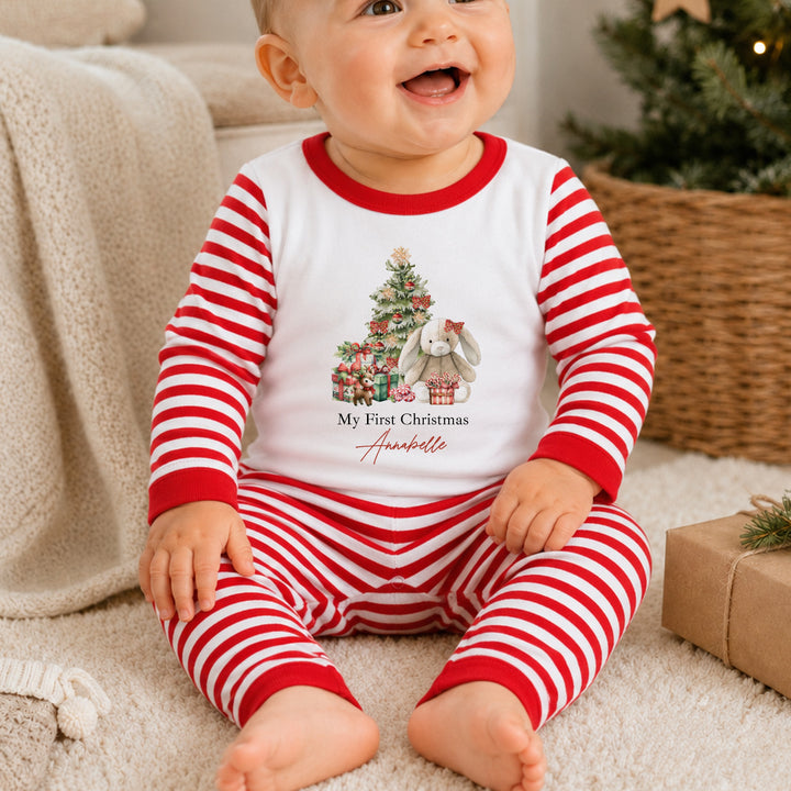 Personalised Red Rabbit Sibling Matching Christmas Pyjamas or Baby Grow