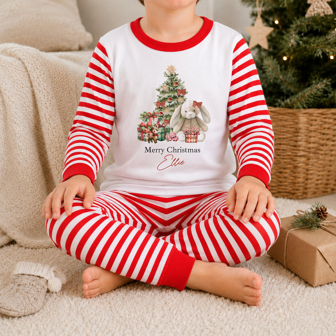 Personalised Red Rabbit Sibling Matching Christmas Pyjamas or Baby Grow