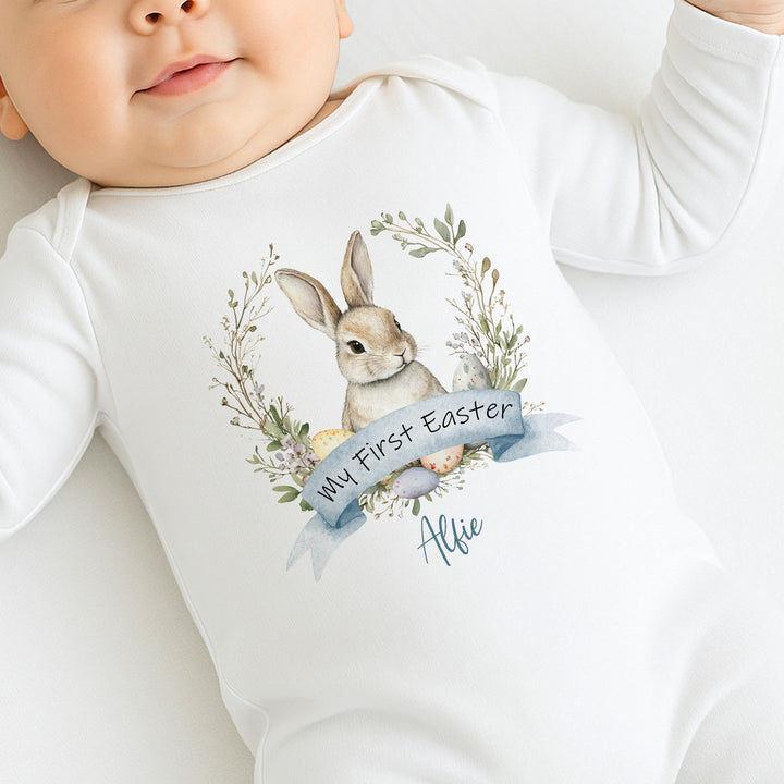 Personalised Blue Bunny Wreath My First Easter Baby Grow, Vest or Bib