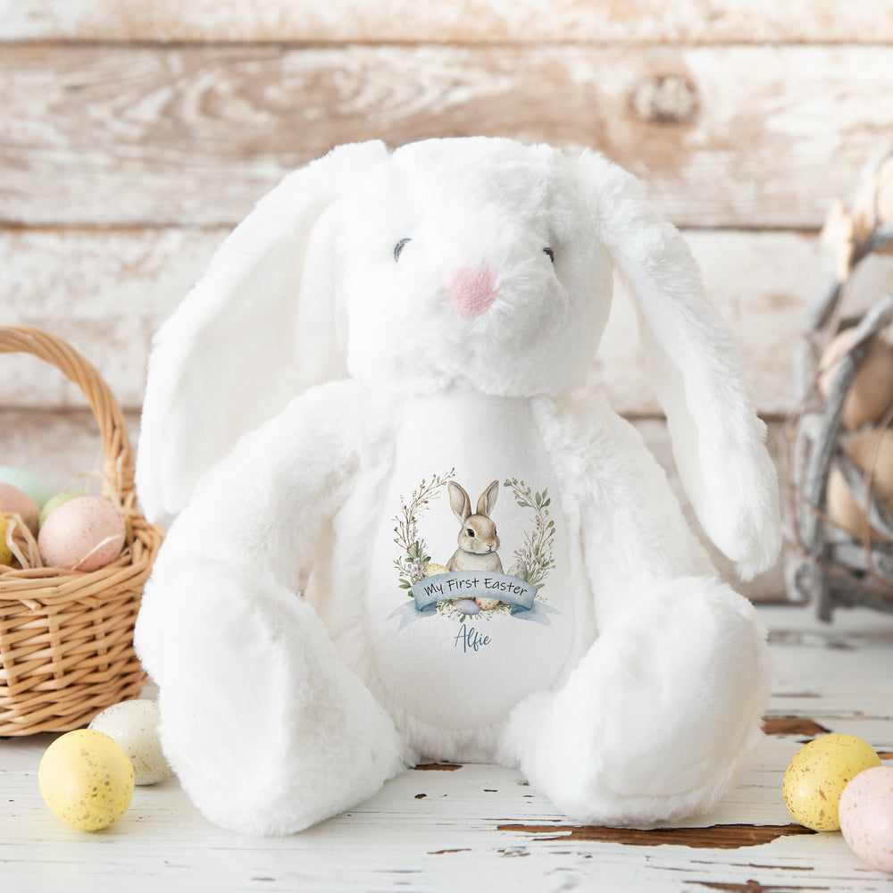 Personalised white bunny Easter teddy that says 'My First Easter Alfie'. This design features a grey bunny in a wreath