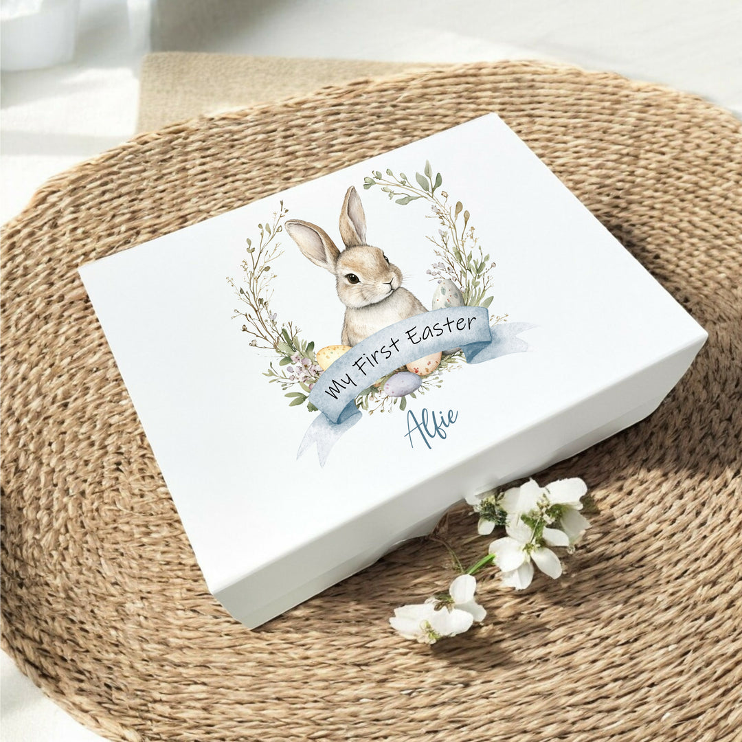 Personalised Blue Bunny Wreath My First Easter Treat Box