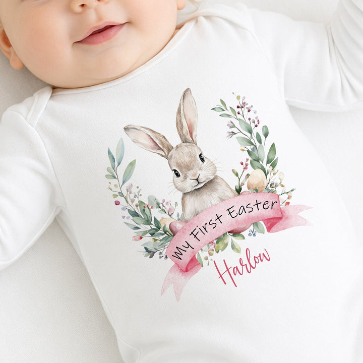 Personalised Pink Bunny Wreath My First Easter Baby Grow, Vest or Bib