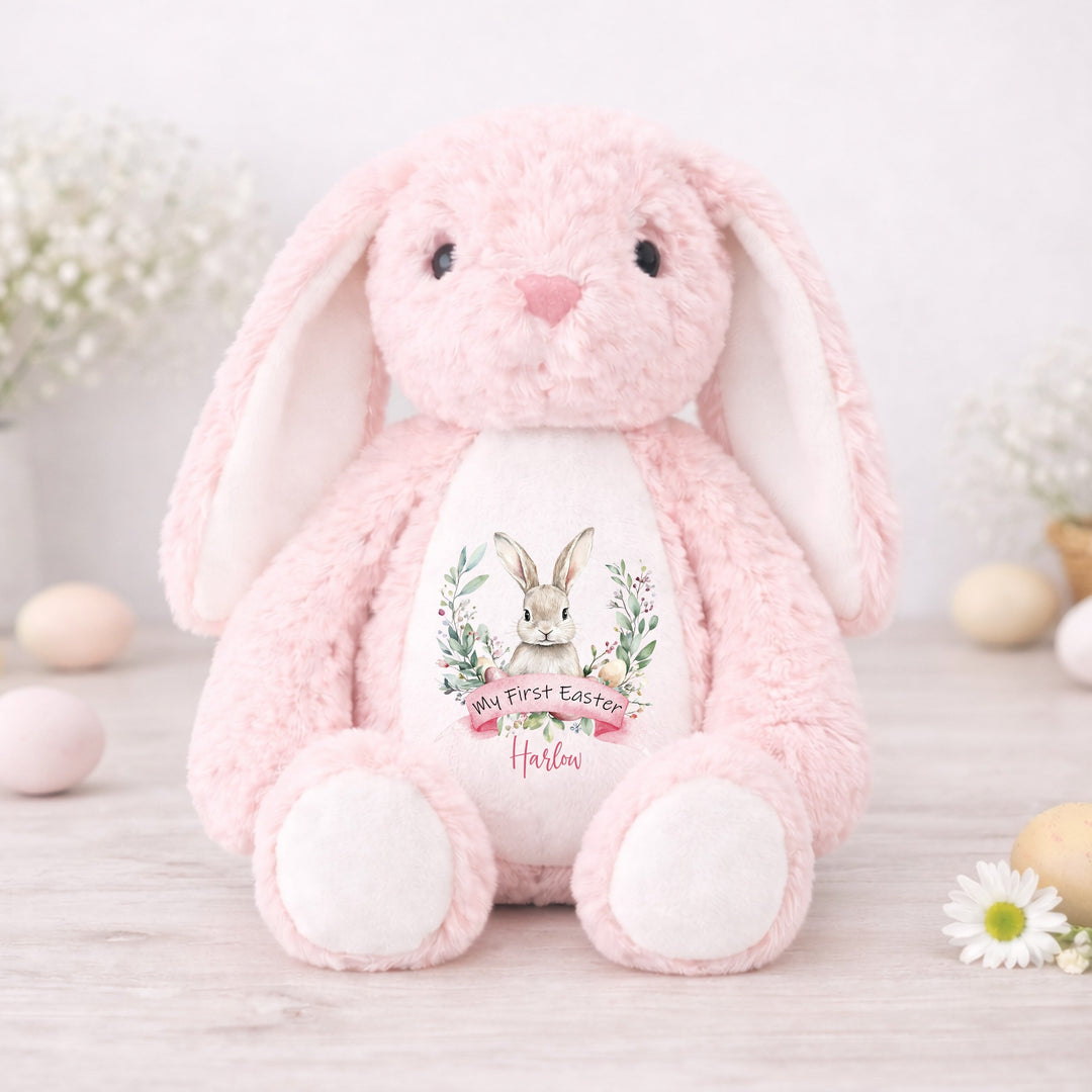 Personalised Pink Bunny Wreath My First Easter Teddy
