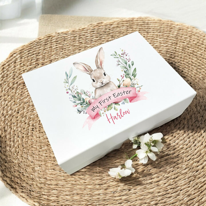 Personalised Pink Bunny Wreath My First Easter Treat Box