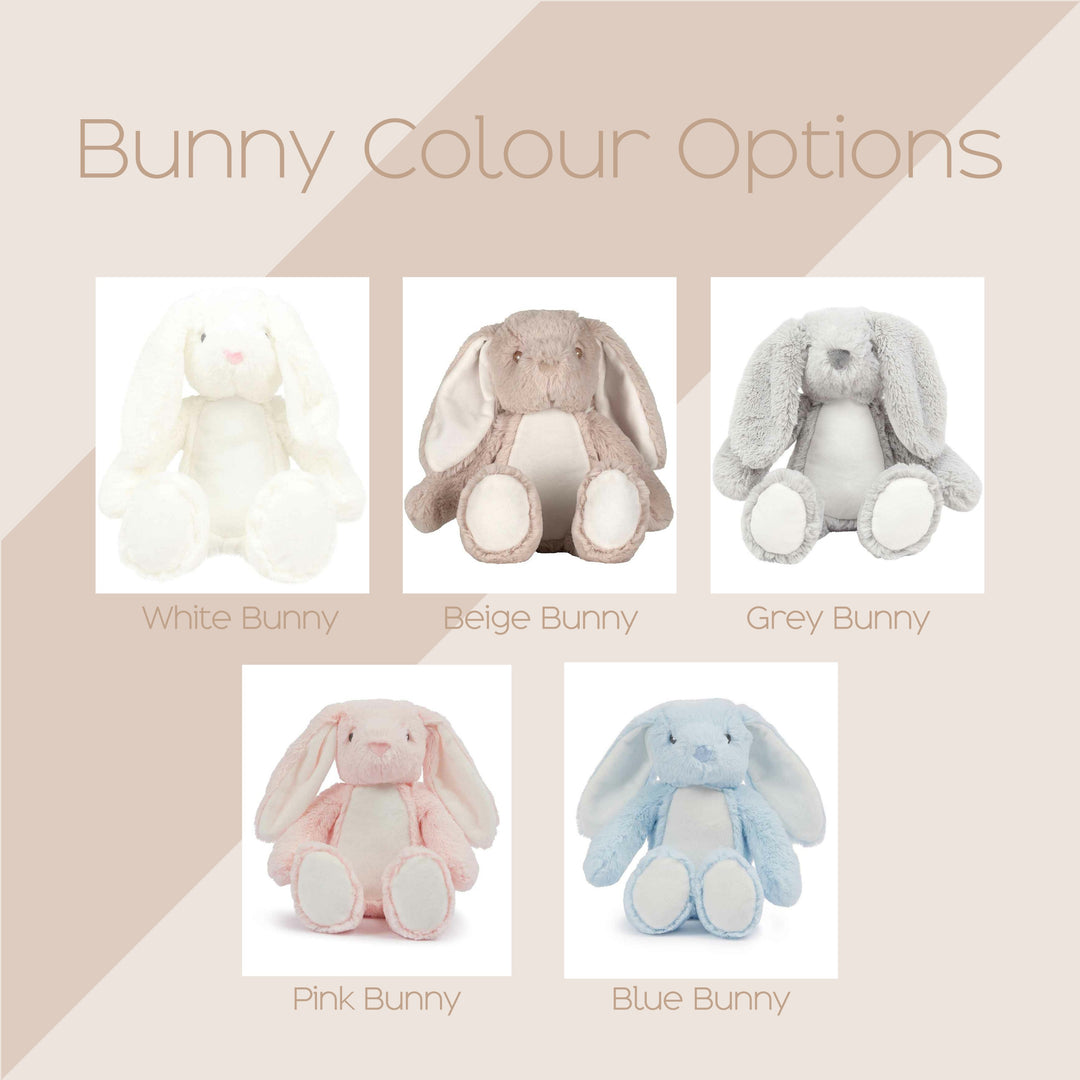 We have 5 different colours of our bunny soft toys to choose from - White, Beige, Grey, Pink and Blue