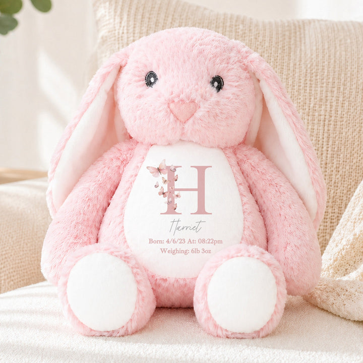 Personalised Pink Floral Butterfly Birth Announcement Rabbit