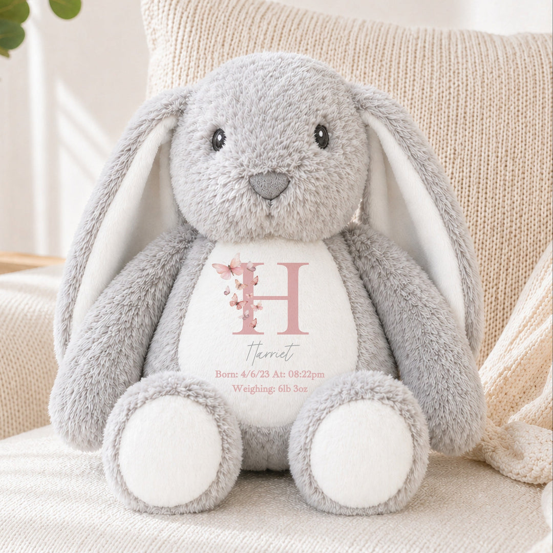 Personalised Pink Floral Butterfly Birth Announcement Rabbit