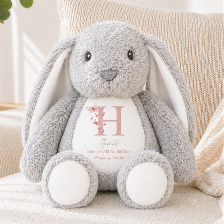 Personalised Pink Floral Butterfly Birth Announcement Rabbit