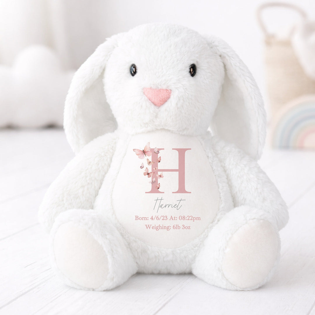 Personalised Pink Floral Butterfly Birth Announcement Rabbit