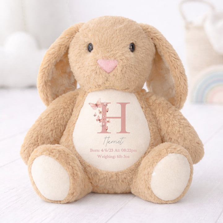 Personalised Pink Floral Butterfly Birth Announcement Rabbit