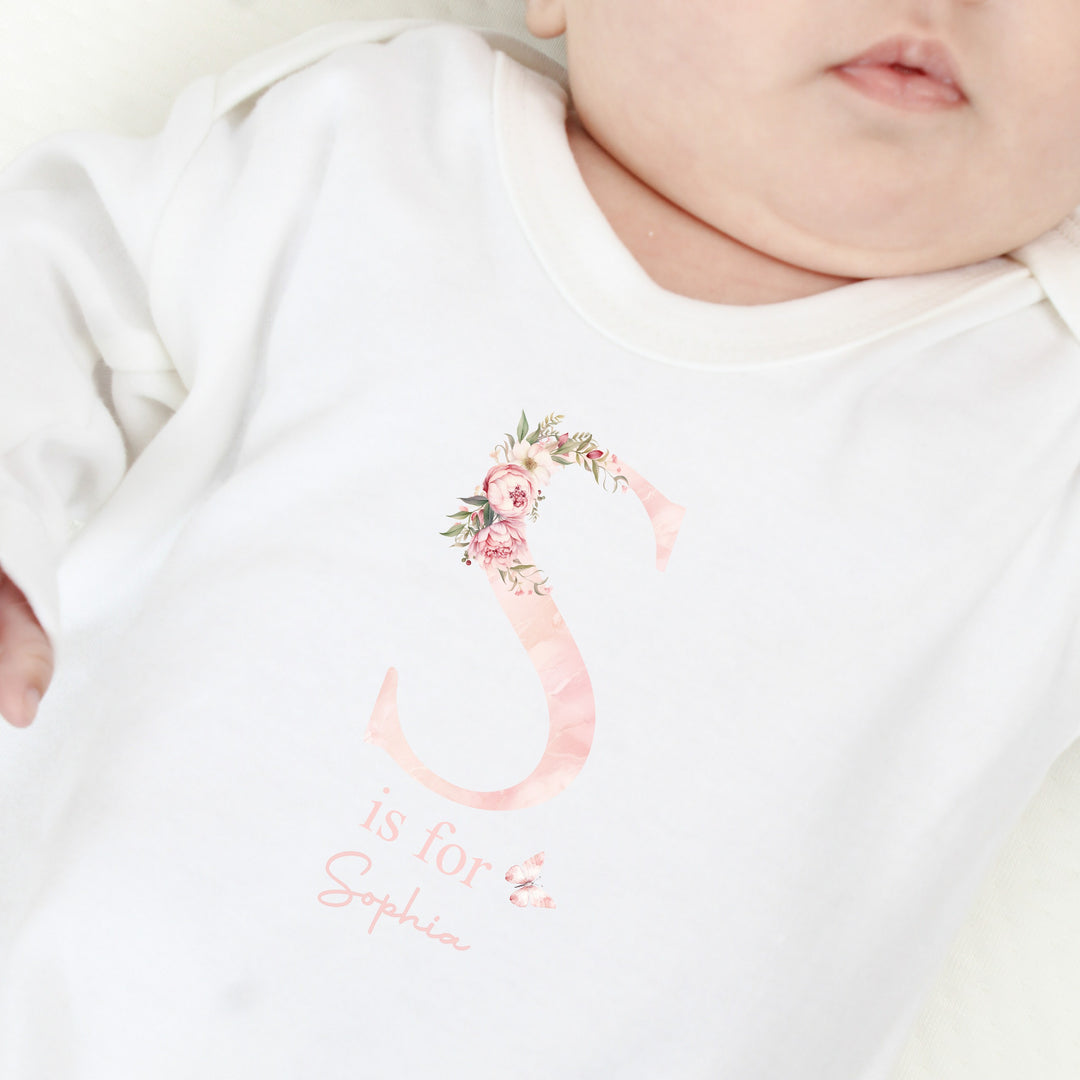 Personalised Pink Floral Initial & Name Babygrow/Vest