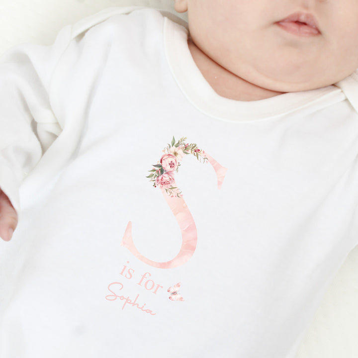Personalised Pink Floral Initial & Name Babygrow/Vest