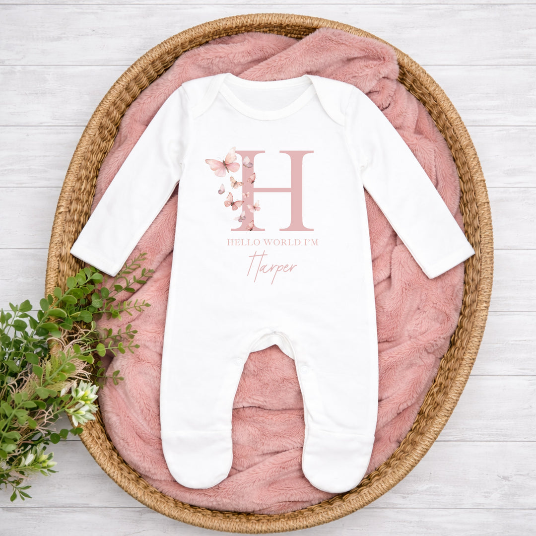 Personalised Pink Butterfly Initial Baby Grow, Vest or Bib