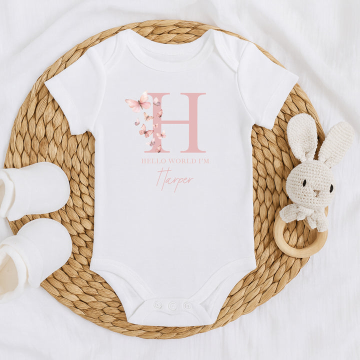 Personalised Pink Butterfly Initial Baby Grow, Vest or Bib