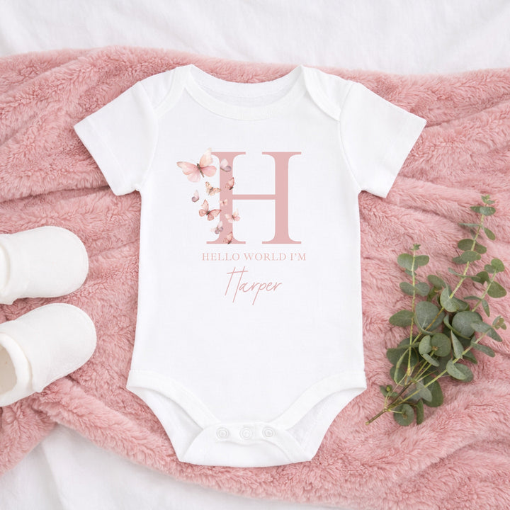 Personalised Pink Butterfly Initial Baby Grow, Vest or Bib