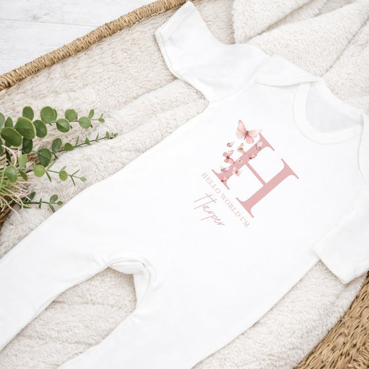 Personalised Pink Butterfly Initial Baby Grow, Vest or Bib