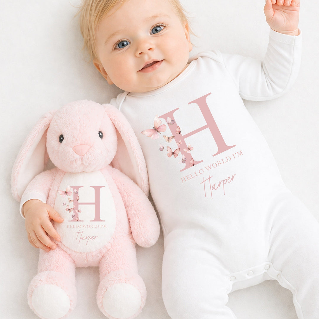 Personalised Pink Butterfly Initial Baby Grow &amp; Rabbit Set