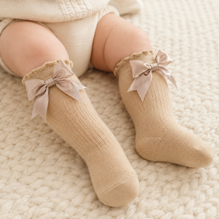 Taupe Baby Knee Length Socks with Bow