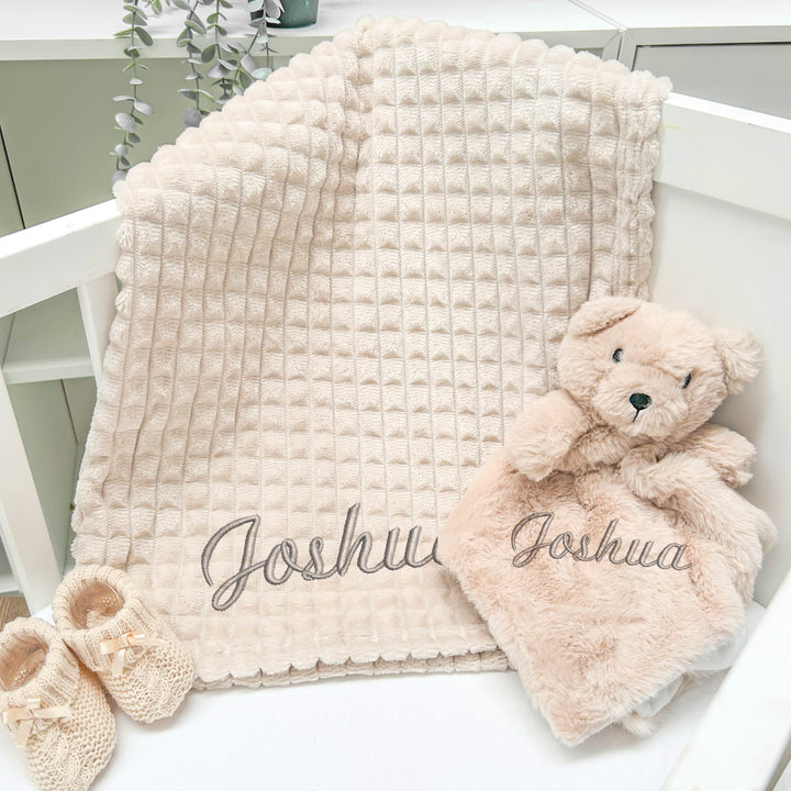 Personalised Unisex Embroidered Beige Blanket, Comforter or Gift Set