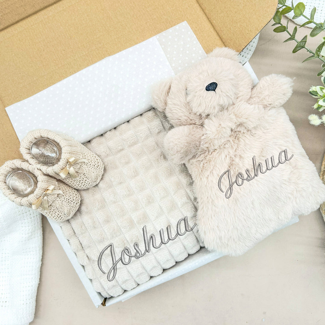 Personalised Unisex Embroidered Beige Blanket, Comforter or Gift Set