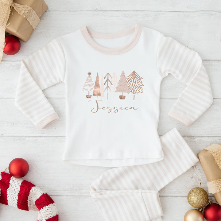 Personalised Rose Gold Christmas Trees Beige Stripe Pyjamas