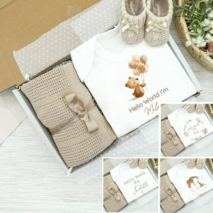 Personalised Unisex Beige Hello World Clothing Hamper Sets