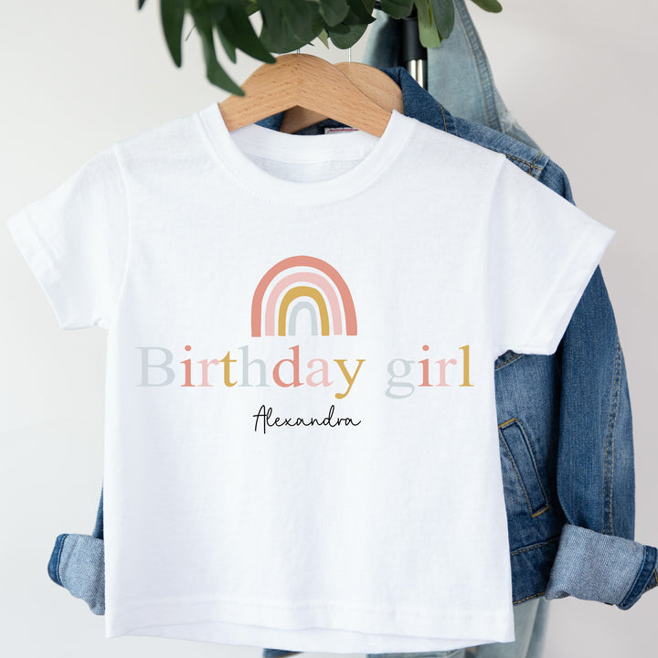 Personalised Birthday Girls Pink Rainbow T-shirt