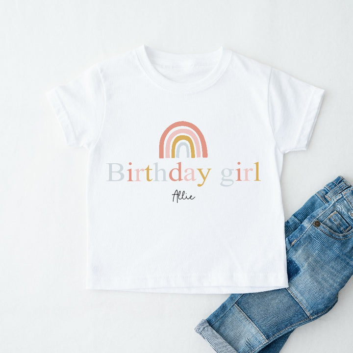 Personalised Birthday Girls Pink Rainbow T-shirt