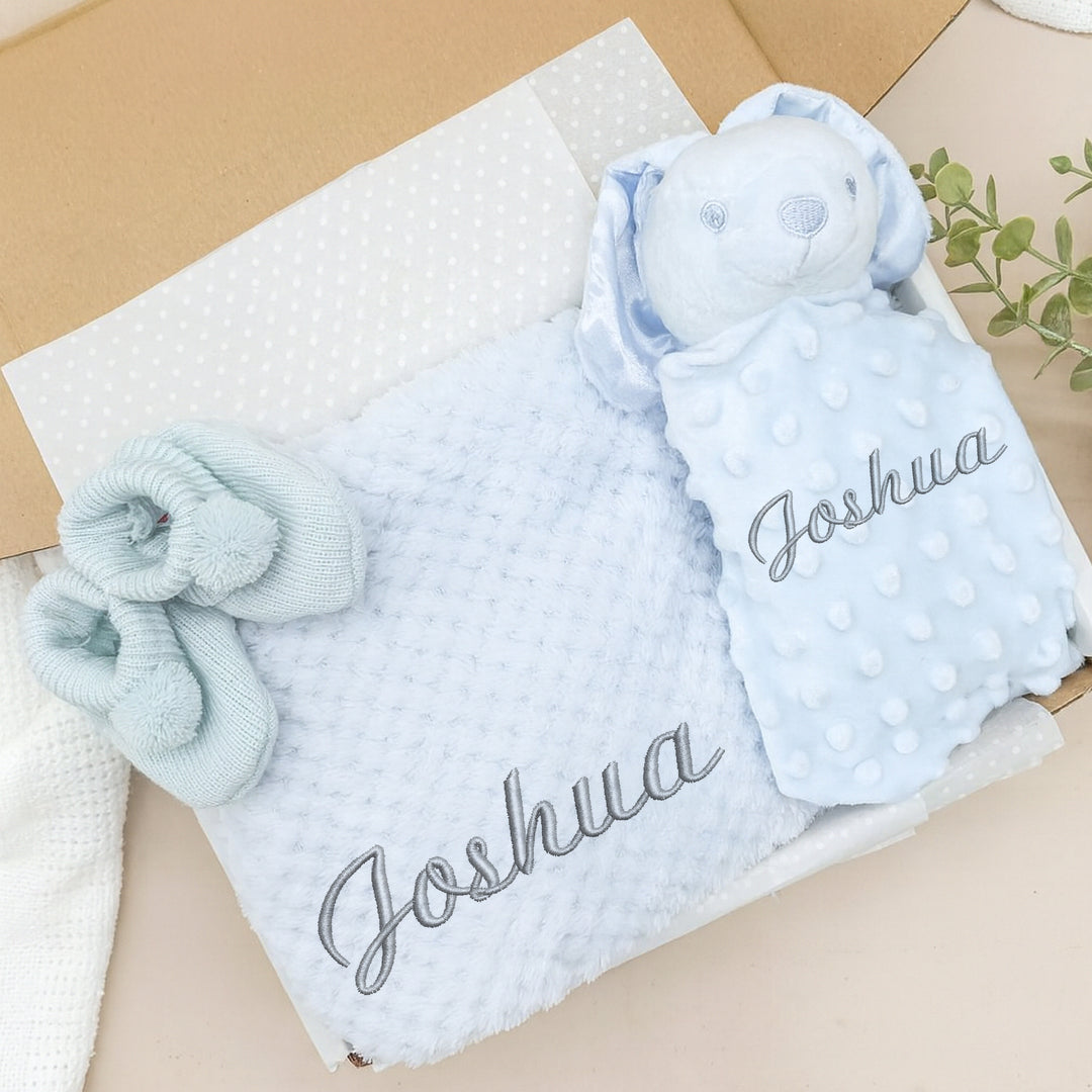 Personalised Boys Embroidered Blue Blanket, Comforter or Gift Set